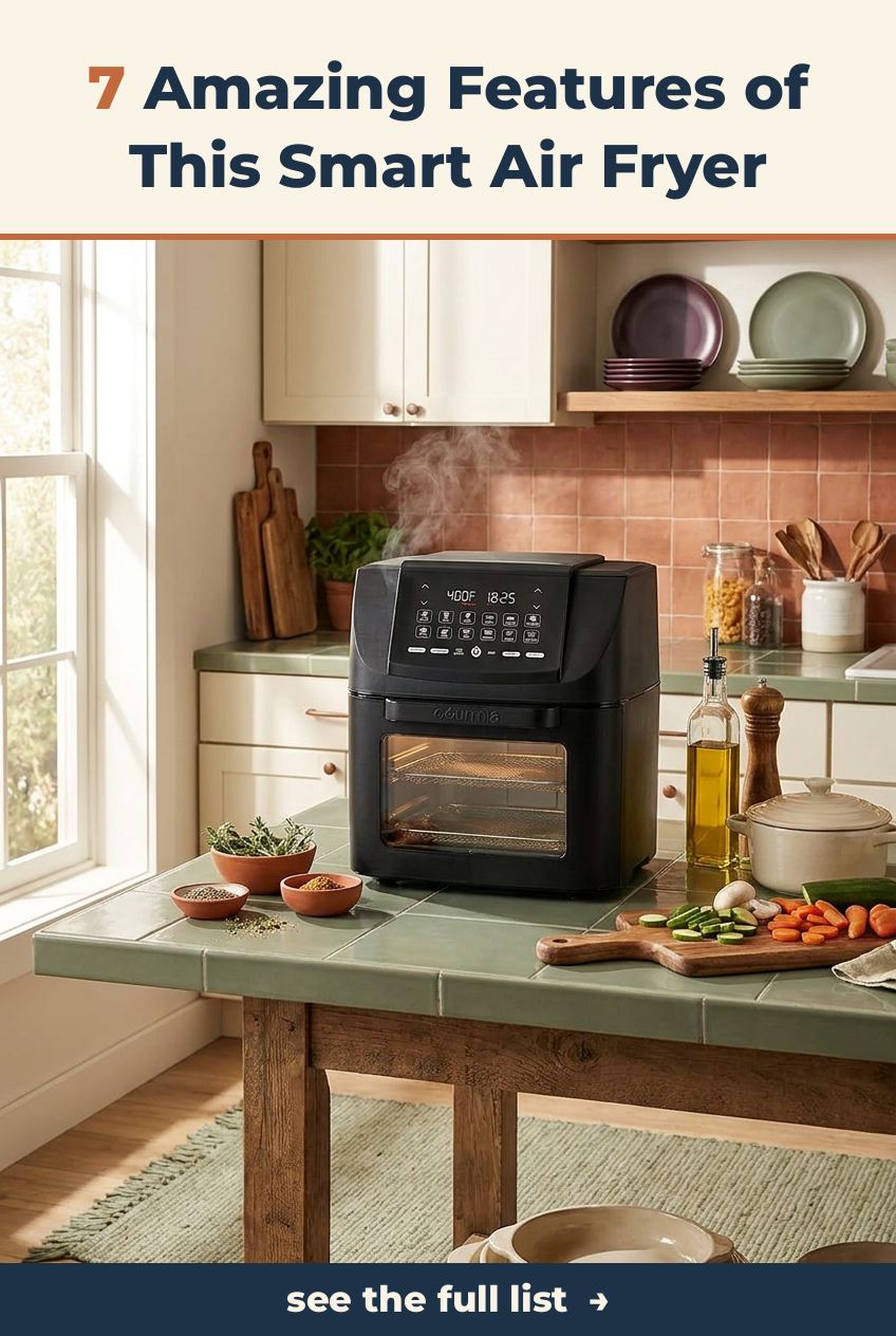 A smart air fryer with rotisserie feature sitting in a styled kitchen setting