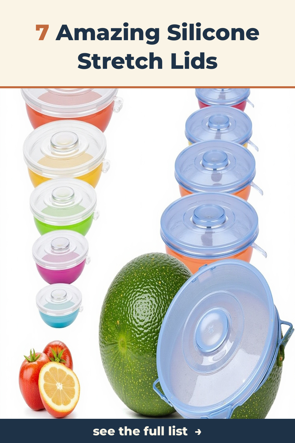 A set of silicone stretch lids in various sizes on a clean kitchen countertop.