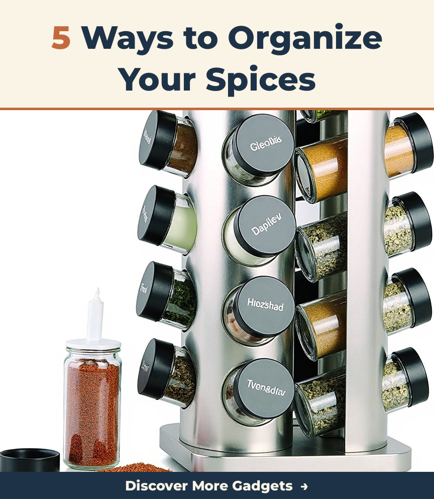 A rotating spice organizer displayed in an organized kitchen setting.