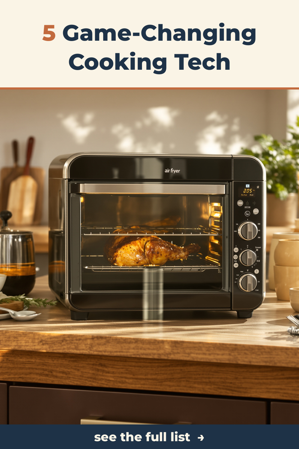 Smart air fryer toaster oven on a kitchen countertop in a warm kitchen setting.