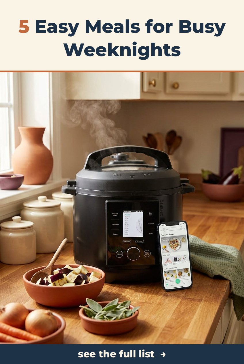 A smart slow cooker with meal planning app in an aspirational kitchen setting.