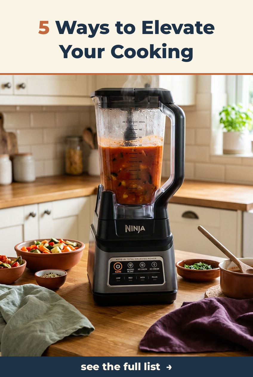 High-performance blender with heated blending capability in a modern kitchen setting.